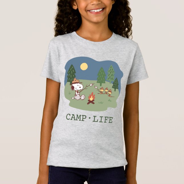 Camiseta Amendoins | Esnoopia e material de madeira no Camp (Frente)