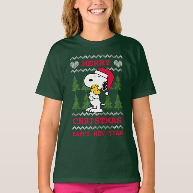 Camiseta Amendoins | Snoopy & Woodstock Santa Claus Hug (Frente)
