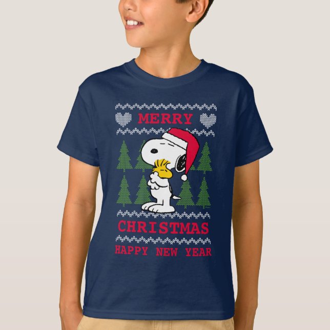 Camiseta Amendoins | Snoopy & Woodstock Santa Claus Hug (Frente)