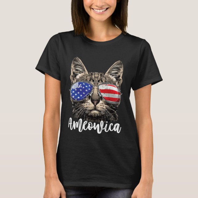 Camiseta Ameowica Cat American Flag USA 4th of July Men Wom (Frente)