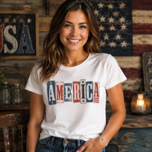 Camiseta América Bloco de Madeira Rústico Vintage Patriótic