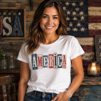 Camiseta América Bloco de Madeira Rústico Vintage Patriótic