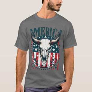 Camiseta América Cow Skull 4° de julho Flag
