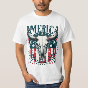 Camiseta América Cow Skull 4° de julho Flag