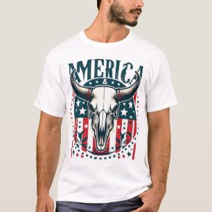 Camiseta América Cow Skull 4° de julho Flag