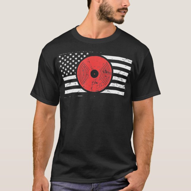 Camiseta América Flag Vinyl Record DJ Turntable (Frente)