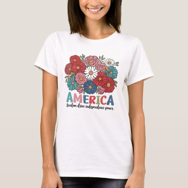 Camiseta America Floral Patriotic Retro Flower Design (Frente)