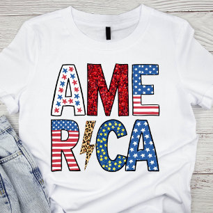 Camiseta América Patriótica Colorida, Branca e Azul