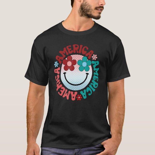 Camiseta America Vibes Happy Face Smile Flower American 4th (Frente)