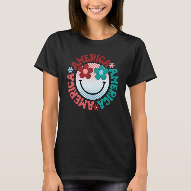 Camiseta America Vibes Happy Face Smile Flower American 4th (Frente)