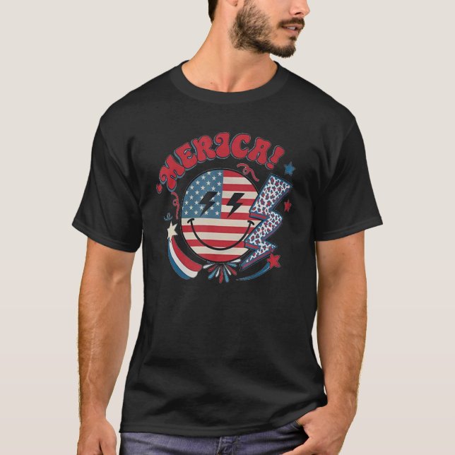 Camiseta America Vibes Happy Face Smile Flower American 4th (Frente)