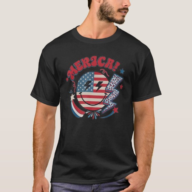 Camiseta America Vibes Happy Face Smile Flower American 4th (Frente)