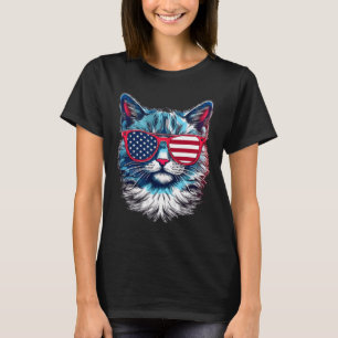 Camiseta American Cat Sungles Usa Flag 4 De Julho Cat Grap