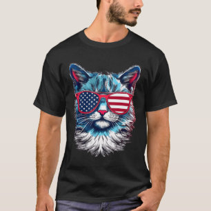 Camiseta American Cat Sungles Usa Flag 4 De Julho Cat Grap