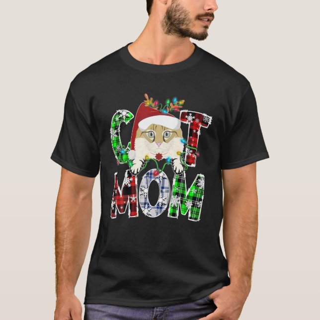 Camiseta American Curl Cat Mãe Luzes Xadrez Reindedo Xmas A (Frente)