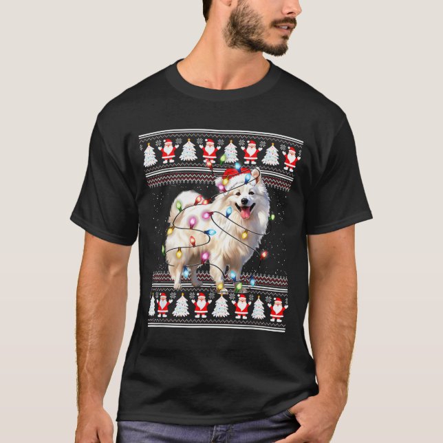Camiseta American Eskimo Dog Xmas Lights Ugly Sweater Chris (Frente)