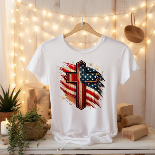 Camiseta American Faith EUA Bandeira Christian Cross