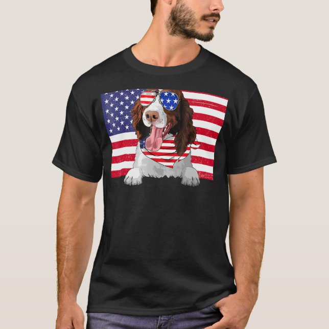 Camiseta American Flag 4 de julho English Springer Spaniel (Frente)