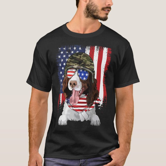 Camiseta American Flag 4 de julho English Springer Spaniel (Frente)