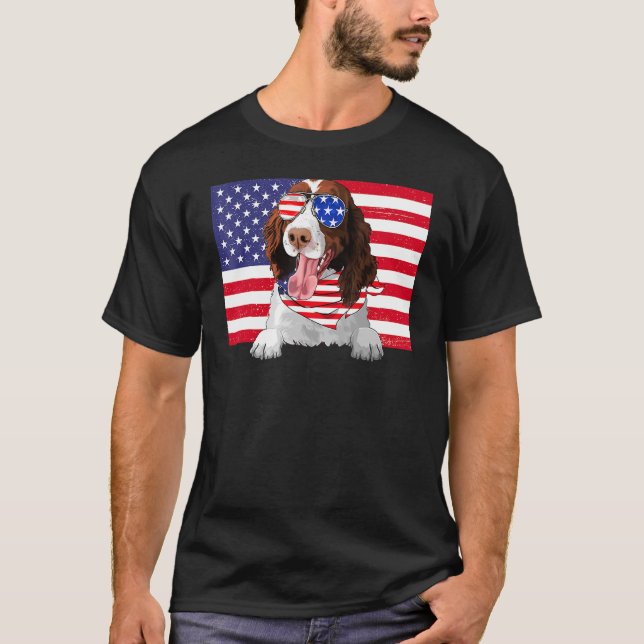 Camiseta American Flag 4 de julho English Springer Spaniel (Frente)