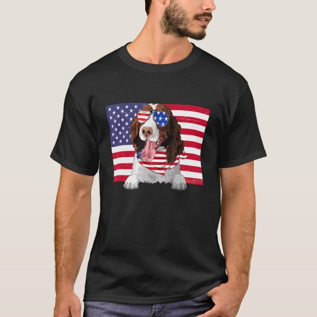 Camiseta American Flag 4 de julho English Springer Spaniel (Frente)