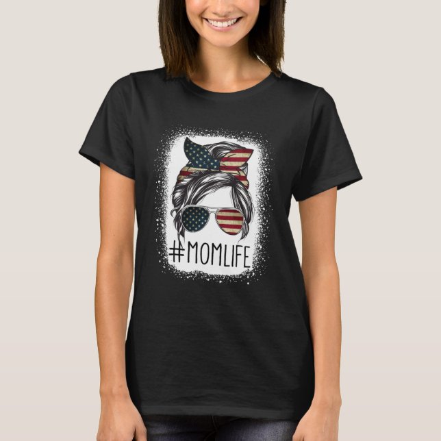 Camiseta American Flag 4th Of July Mom Life Messy Bun Mothe (Frente)