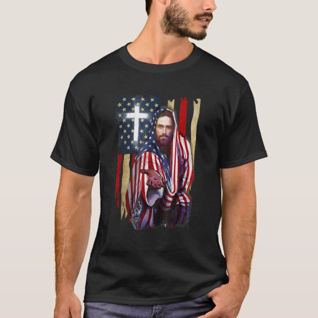 Camiseta American Flag And Jesus Happy Independence Day 4th (Frente)