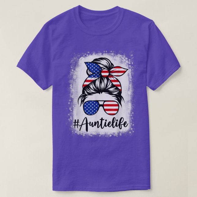 Camiseta American Flag Auntie Life Bleached Mães 4º Do (Frente do Design)