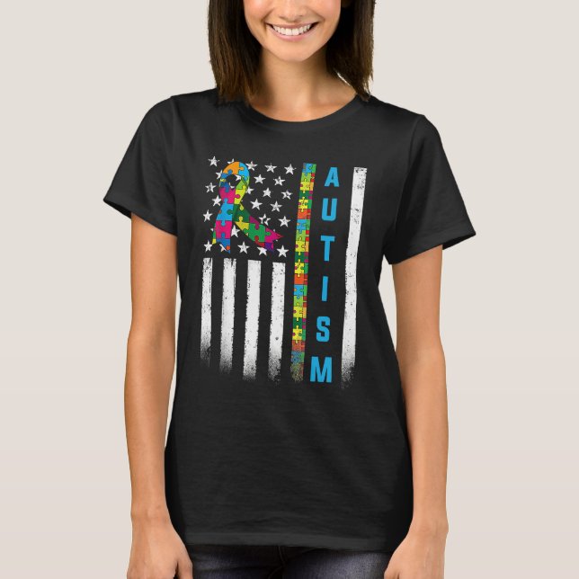 Camiseta American Flag Autism Awareness Teacher Mom Support (Frente)
