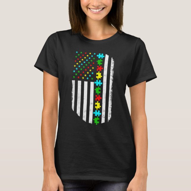 Camiseta American Flag Autism Mãe Autismo Família de Sensib (Frente)