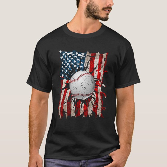 Camiseta American Flag Baseball Red White Blue 4 de julho (Frente)