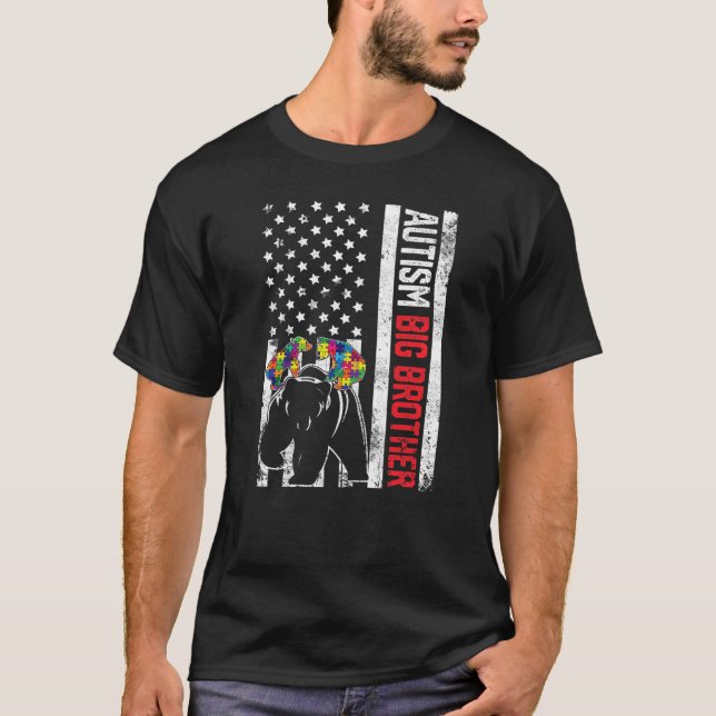 Camiseta American Flag Big Brother Bear Autism Awareness Fa (Frente)