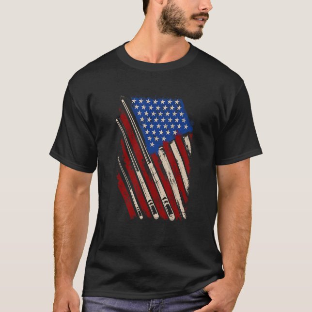 Camiseta American Flag Billiard Stick Jogo de Mesa USA Inde (Frente)