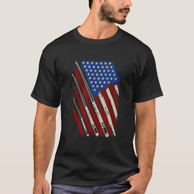 Camiseta American Flag Billiard Stick Table Game USA Indepe (Frente)