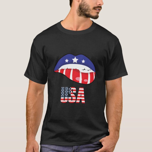 Camiseta American Flag Biting Lip Usa 4Th Of July Independe (Frente)