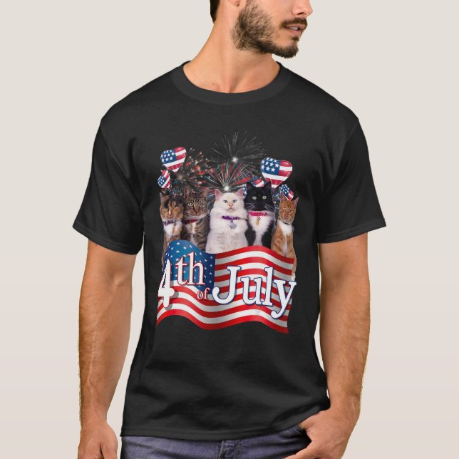 Camiseta American Flag Cat Fireworks 4 De Julho Independent (Frente)