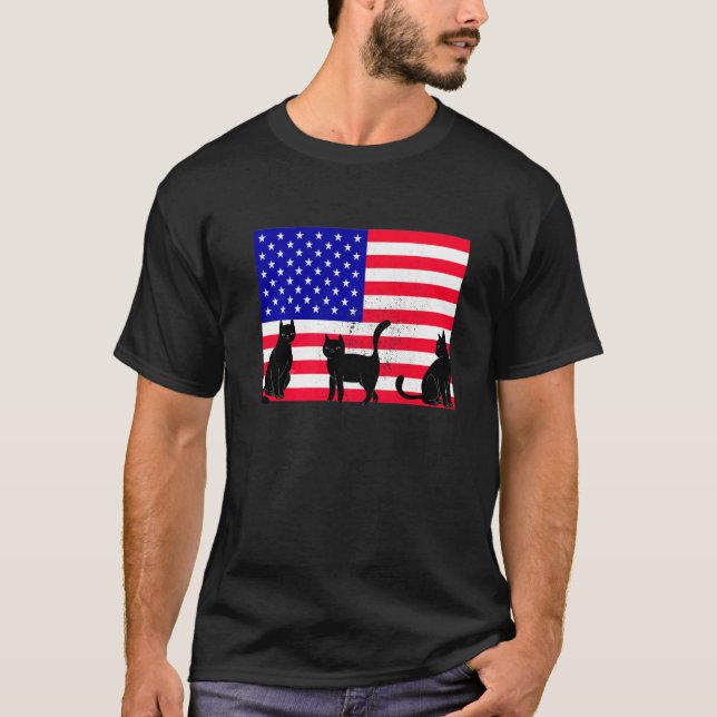 Camiseta American Flag Cat Usa 4 De Julho Homens Mulheres (Frente)