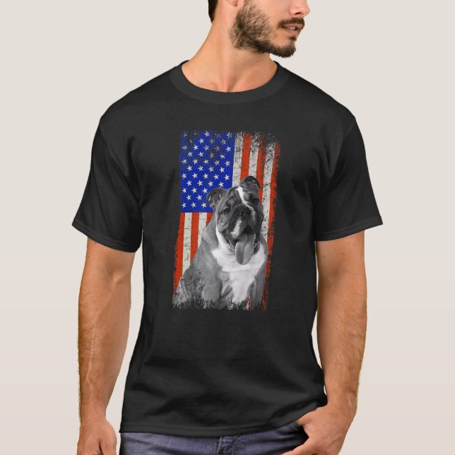 Camiseta American Flag English Buldogue Dog Pai Mãe Puppy P (Frente)