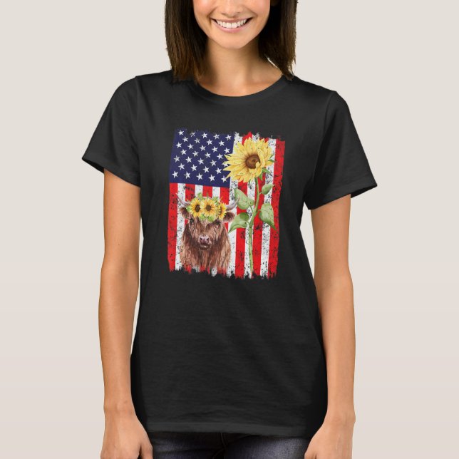 Camiseta American Flag Farm Cow Sunflower Farming Highland (Frente)