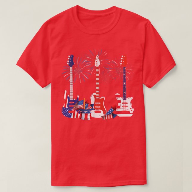 Camiseta American Flag Fireworks Bass Guitar Funny 4th Of J (Frente do Design)