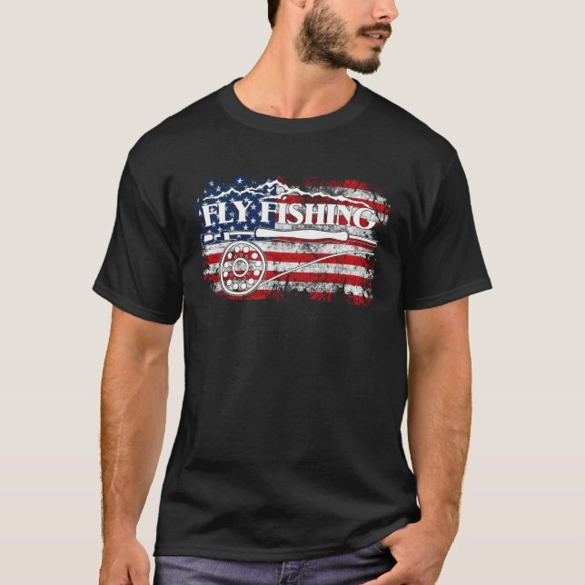 Camiseta American Flag Fishing Fly Fishing Mountain and USA (Frente)