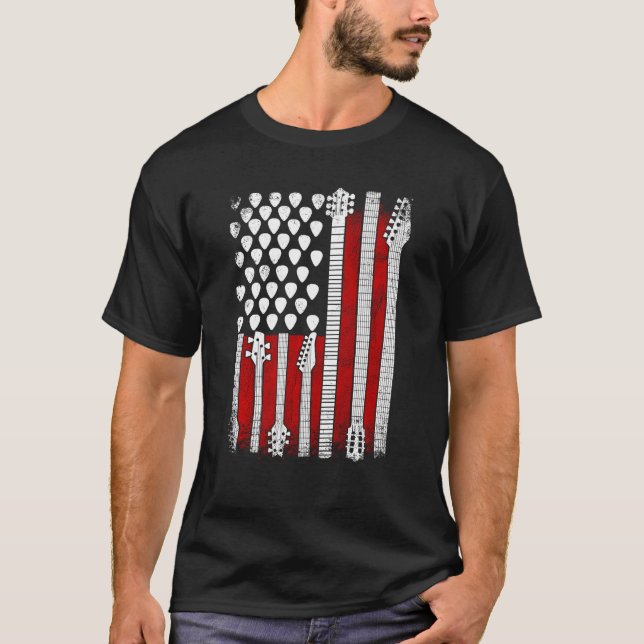 Camiseta American Flag Guitar Red White Música Patriótica (Frente)