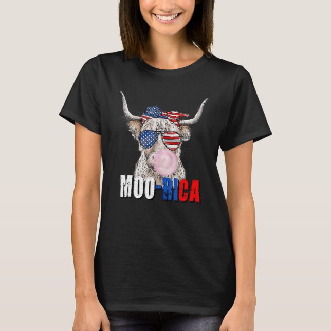 Camiseta American Flag Highland Cow Moo Rica 4 De Julho Em (Frente)