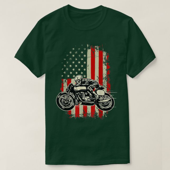 Camiseta American Flag Motorcycle Skeleton Biker Bobber  (Frente do Design)