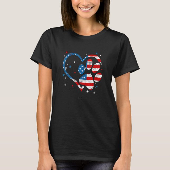 Camiseta American Flag Patriotic Dog Paw Print 4 H De Julho (Frente)