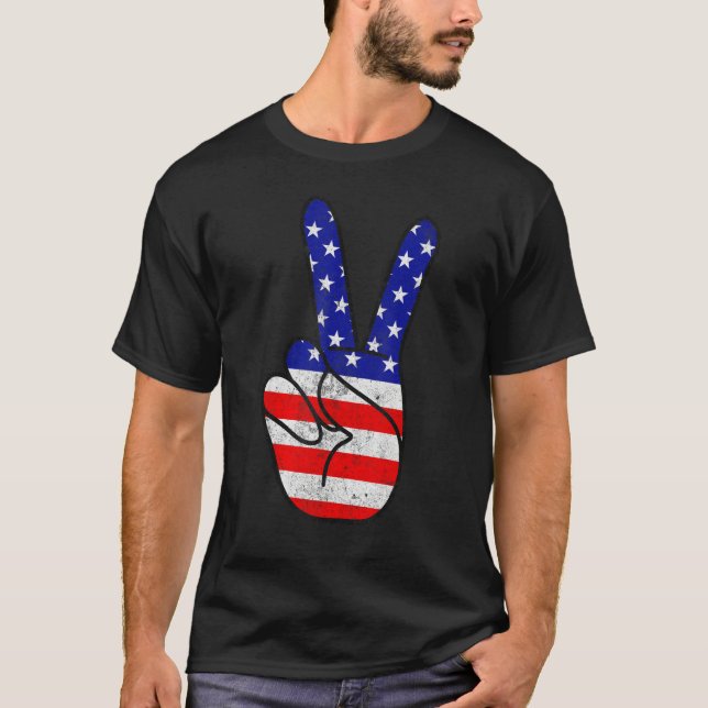 Camiseta American Flag Peace Sign Hand Patriotic 4th Of Jul (Frente)