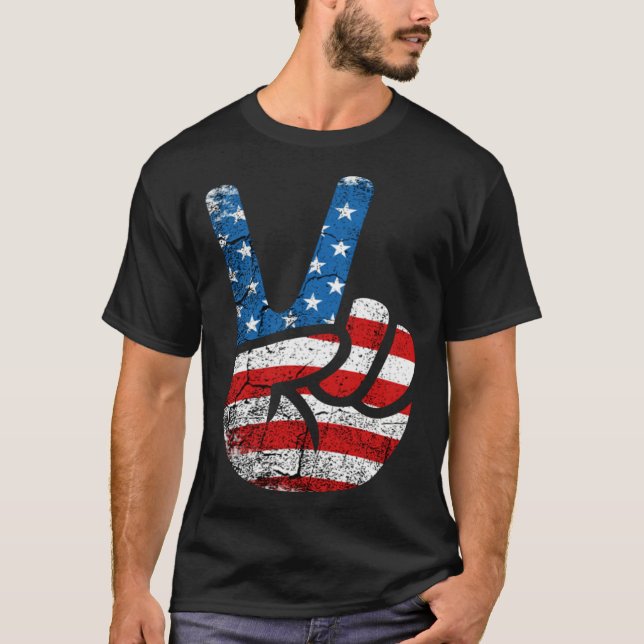 Camiseta American Flag Peace Sign V Hand Sing Patriotic 4th (Frente)