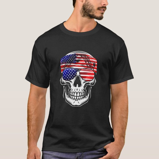 Camiseta American Flag Skull Usa Flag Head Bandana Sunglass (Frente)