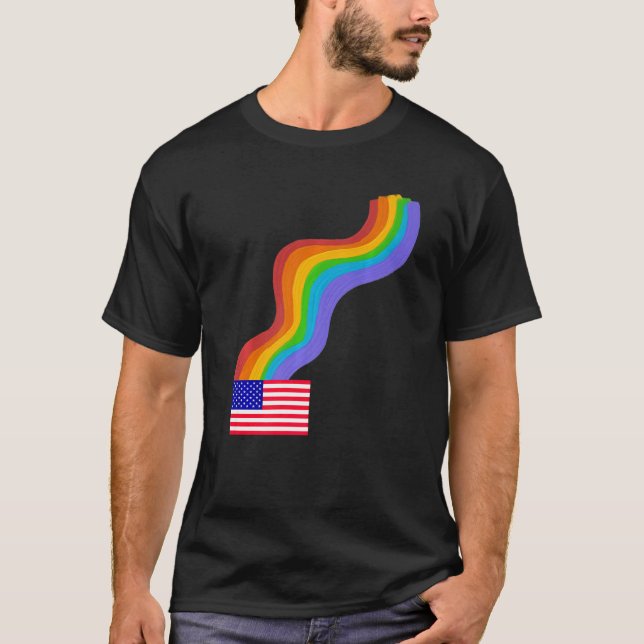 Camiseta American Flag Wavy Rainbow ROYGBIV Pride in USA Ra (Frente)