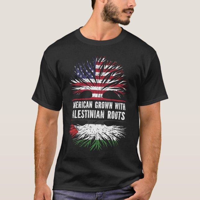 Camiseta American Grown com bandeira da Palestina Roots USA (Frente)